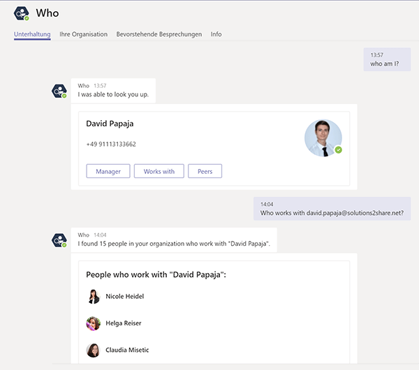 Find employees or specific information about an employee in Microsoft Teams with Who-Bot
