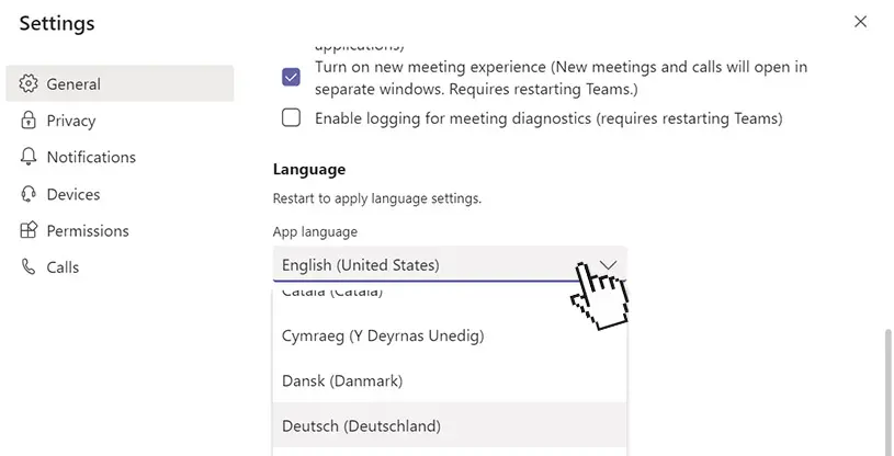 Choose language in Microsoft Teams