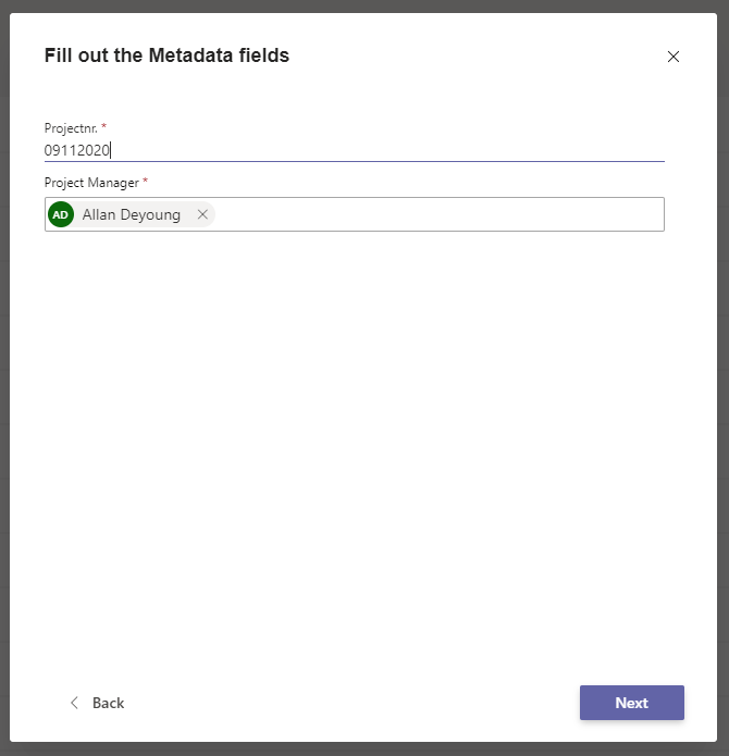 Metadata for Microsoft Teams Use Case: Define Project Number and Project Manager