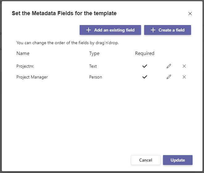 Set the Metadata Fields for the template in Microsoft Teams.