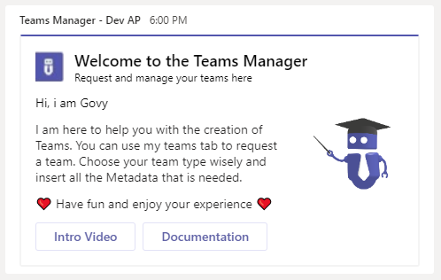 Teams Manager welcome message