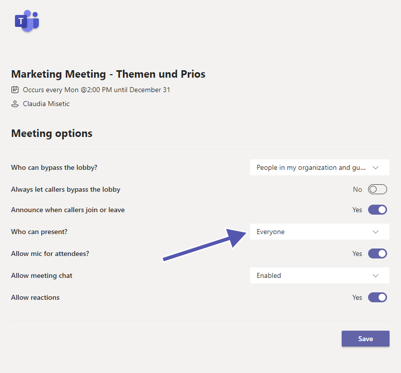 Microsoft Teams Seite Besprechungsoptionen Microsoft Teams Seite Besprechungsoptionen