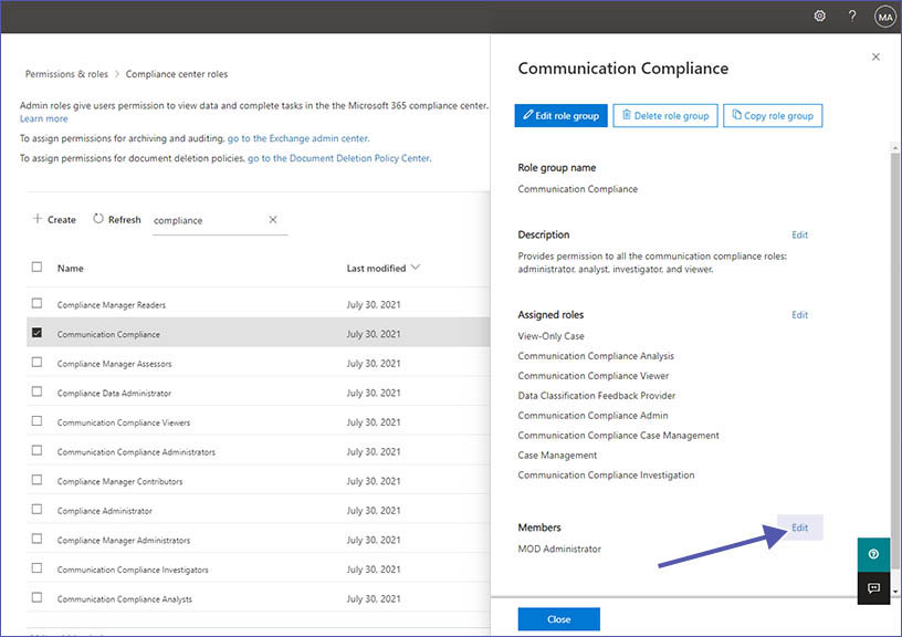 Permissions for communication compliance