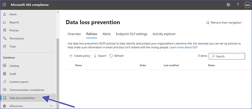 Data loss prevention in the Microsoft Compliance center