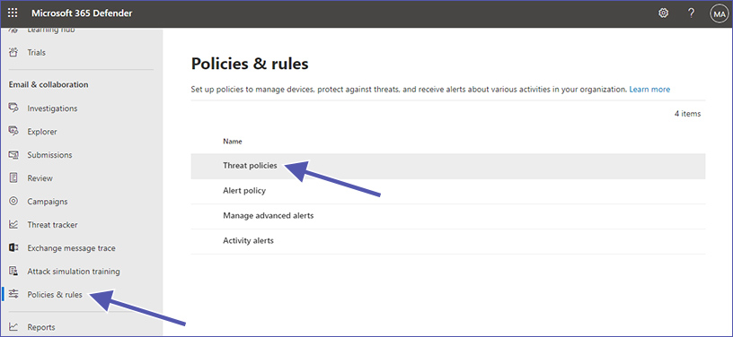 Threat policies in the Microsoft Security center