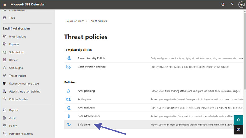 Enable Safe Links in the Microsoft Security center