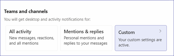 Notification settings for teams and channels