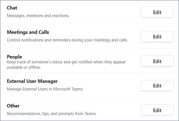 MS Teams notification settings for chats, meetings, people etc.