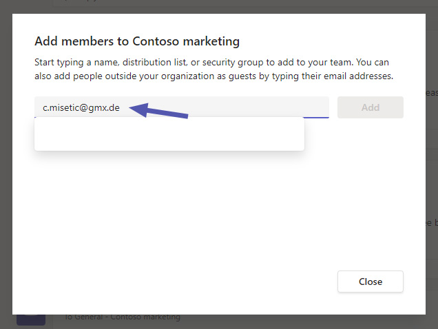 Microsoft Teams: enter email address of guest
