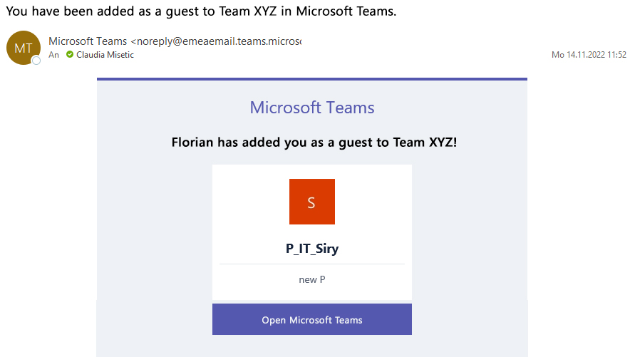 Guest's email invitation from Microsoft Teams