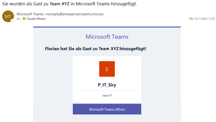 Microsoft Teams: Einladungs-Email an Gast