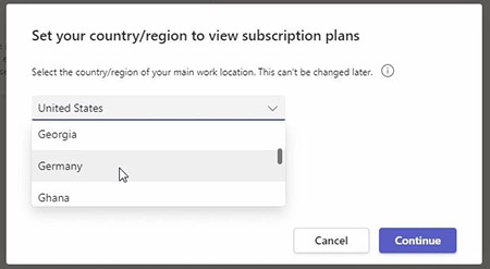Microsoft Teams app store: select country