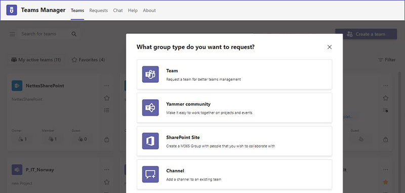 Microsoft Teams: Request a new project team